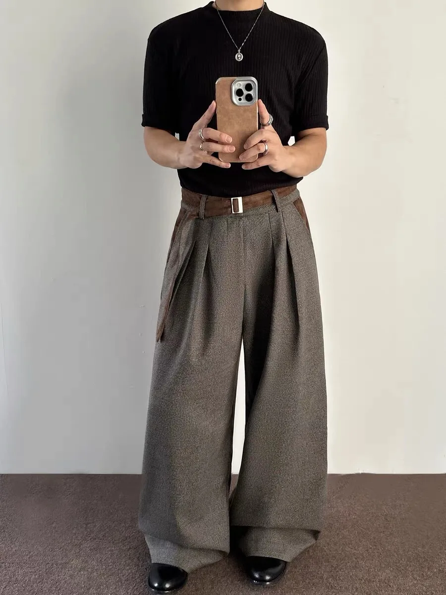 

American Retro Patchwork Suede Gingham Pleated Men's Pants High Waist Straight Leg Casual Trousers for Daily Wear Summer Season