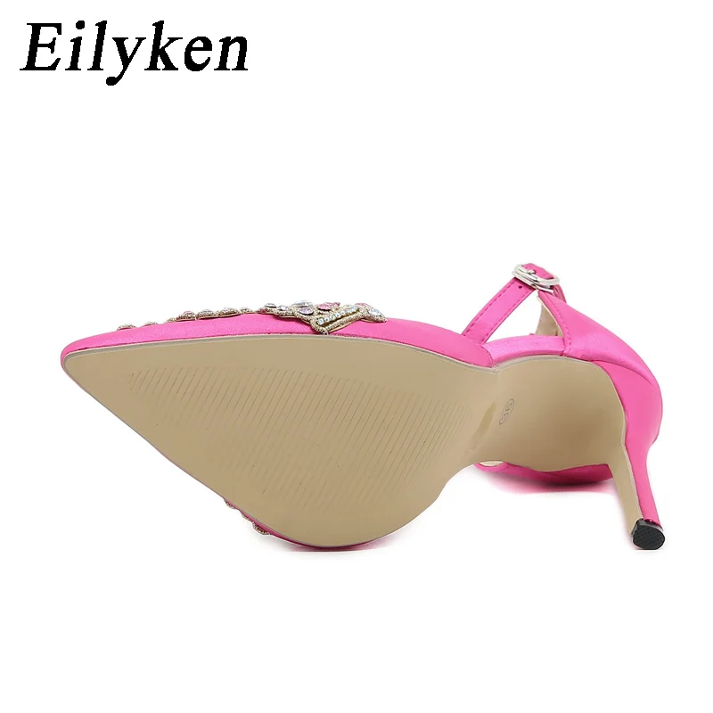 Eilyken Satin CRYSTAL Pumps Women Ankle Strap Pointed Toe Bridal Stiletto Heels Party Prom Stripper Wedding Shoes Zapatos Mujer