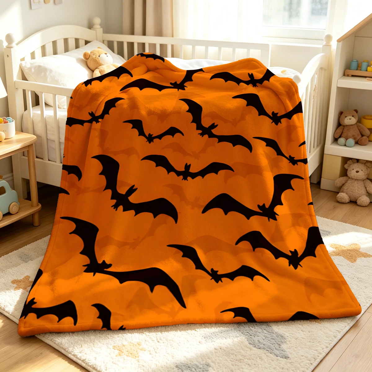 Orange Bat Figures Soft Fluffy Flannel Blanket Super Cozy Lightweight Bed Blanket for Halloween Sofa Bed Christmas Decor