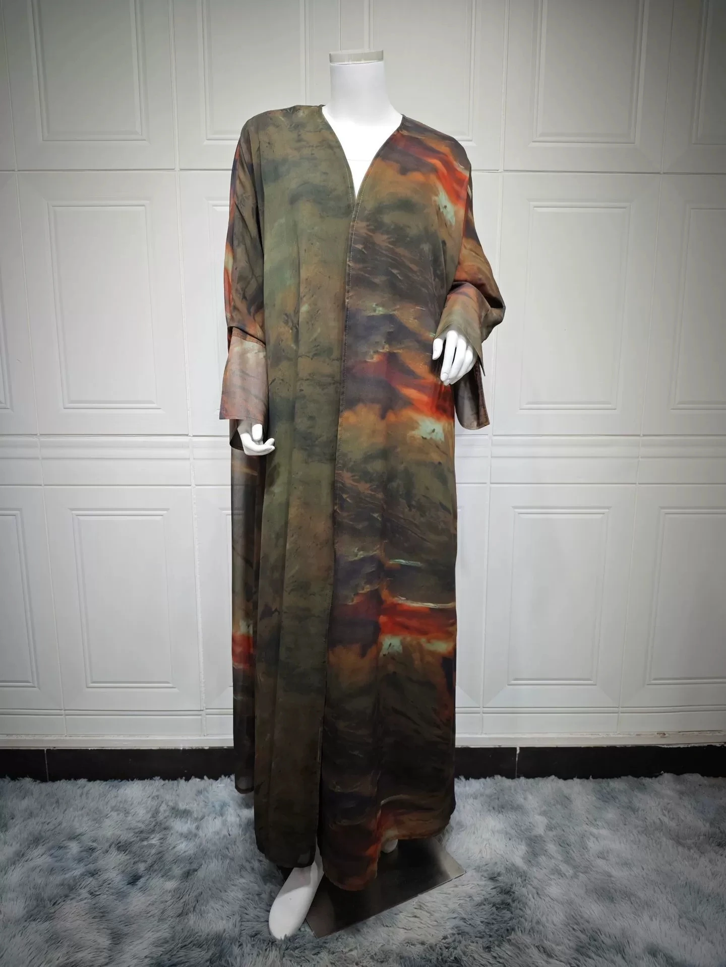 Saudi Arabia Ramadan Islamic Modest Coat Chiffon Printed Fashion Robe Outer Cloak Dress Outer Wear Muslim Dubai Abaya