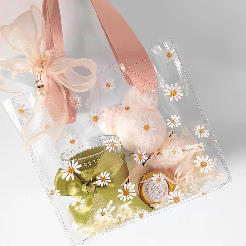 Little Daisy Transparent Plastic Bag Storage Shopping Bags with Ribbon Wedding Party Favors Birthday Gifts Candy Cake Wrapp Bags