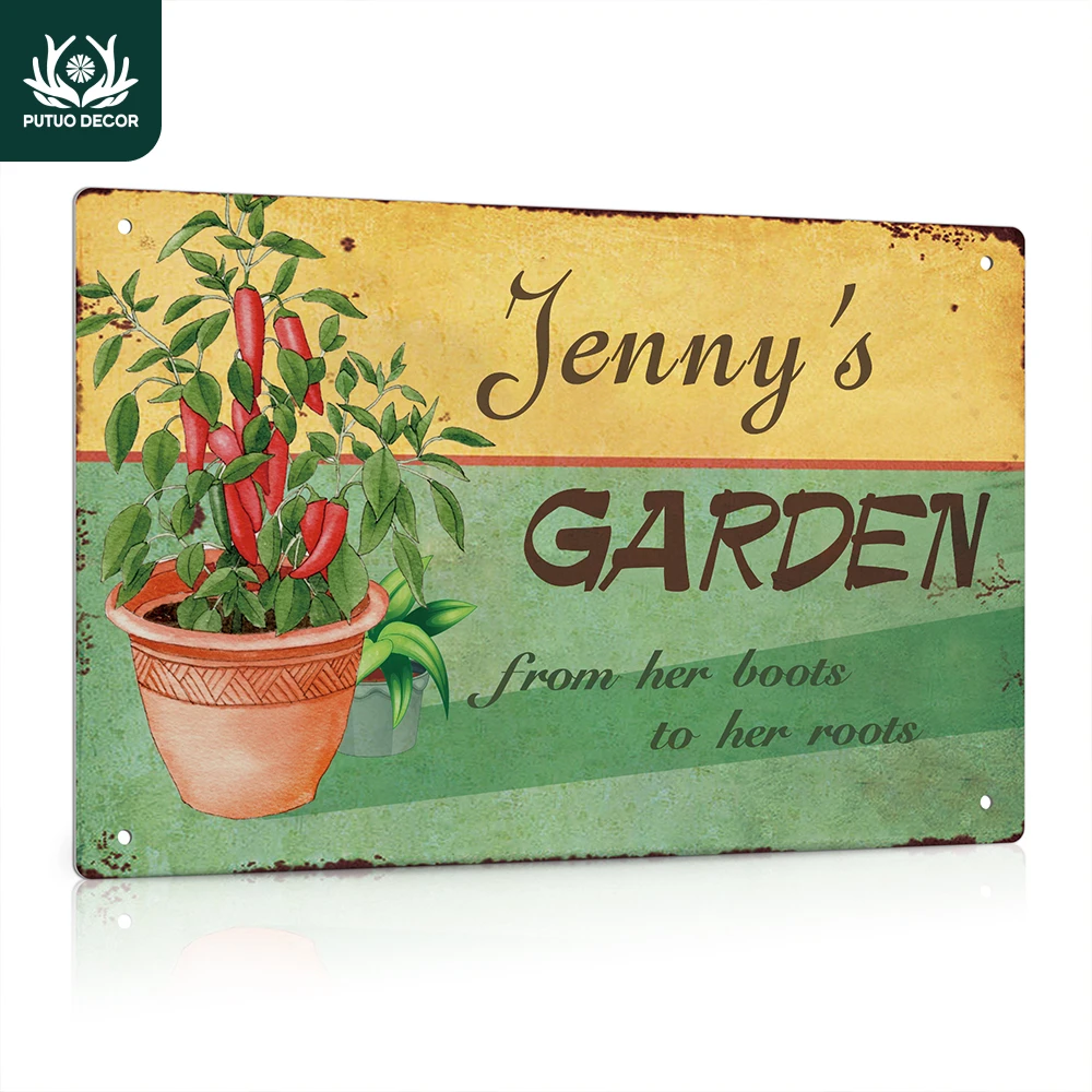 

Putuo Decor Custom Metal Sign, Garden from Her Boots to Her Roots, Wall Decoration for Farmhouse Garde Backyard, 12x8 Inches