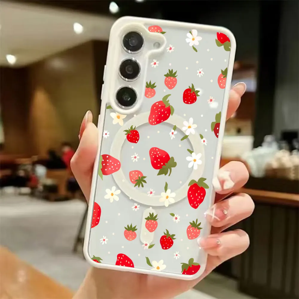 Magnetic Wireless Charging Phone Case For Samsung Galaxy S26 S25 S24 S23 S22 Ultra Plus FE 5G Strawberry Flower Print Back Cover