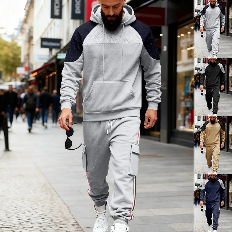 

2025 American Style Winter Heavyweight Men's Suit Loose Casual Outdoor Sports Commuting Color-Block Hoodie Sweatpants Set