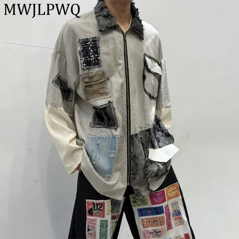 

MWJLPWQ Street Distressed Design Vintage Shirt For Men Patchwork Long-Sleeved Loose Fit Trendy Casual Lapel Summer Tops 15012