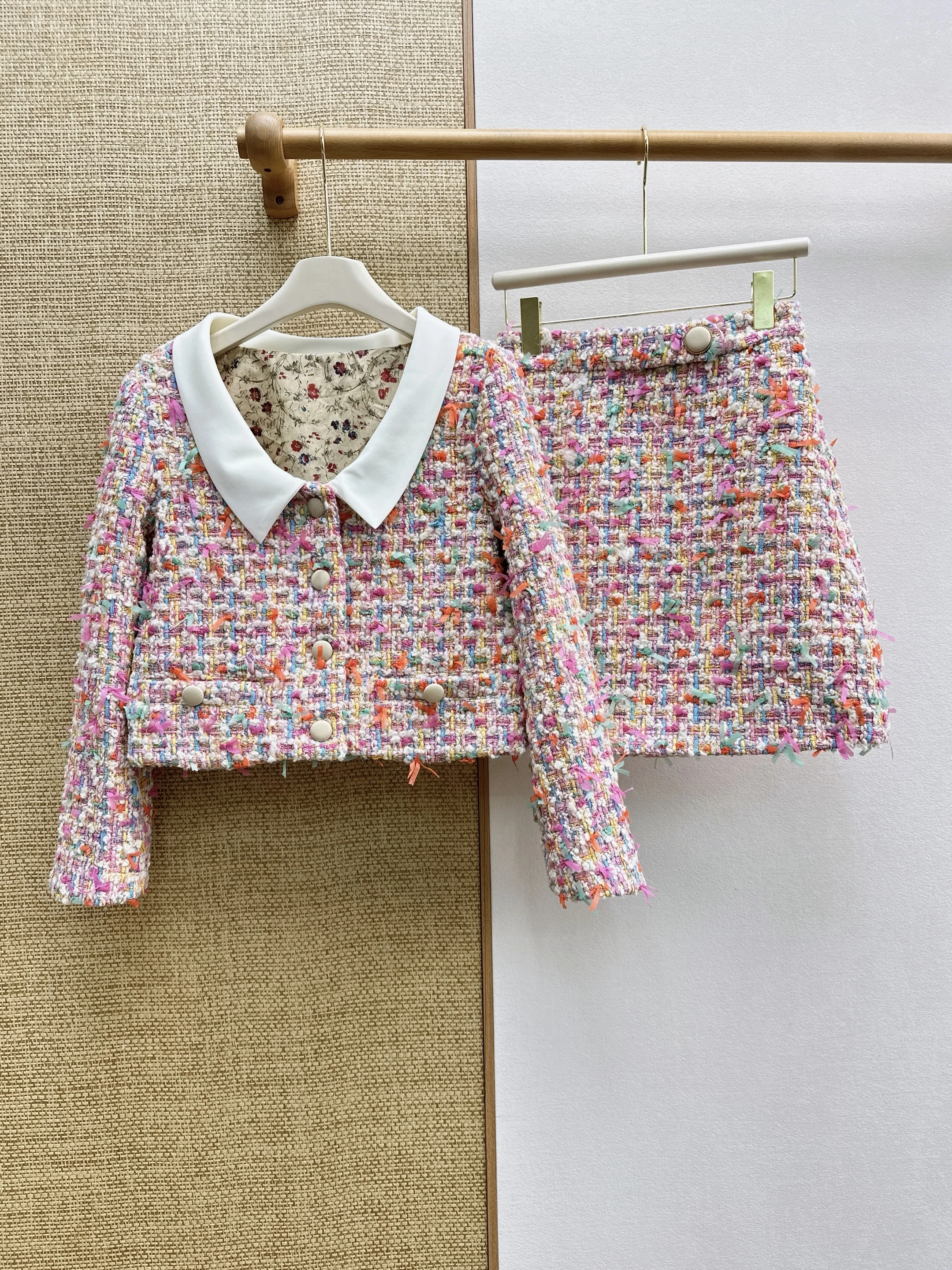 Women Color Block Tweed Two Piece Set 2026 Fall Winter, Lapel Single Breasted Coat & A Line Skirt