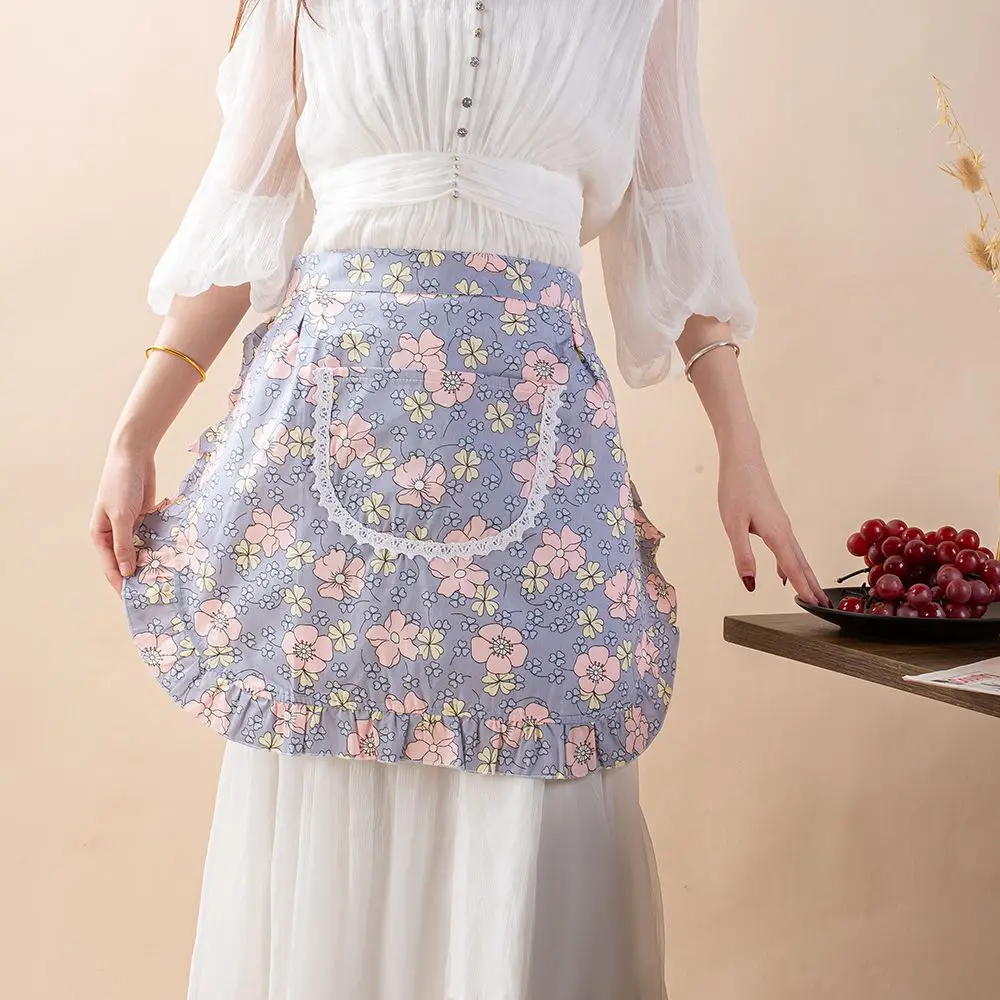 Floral Short Half-Length Apron Women Cooking Household Kitchen Oil-proof Aprons Korean Ins Storage Cleaning Tools Antifouling