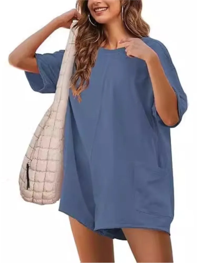 Casual losse effen jumpsuit dame mode O hals korte mouw shorts zakken jumpsuits voor vrouwen zomer streetwear kleding nieuw