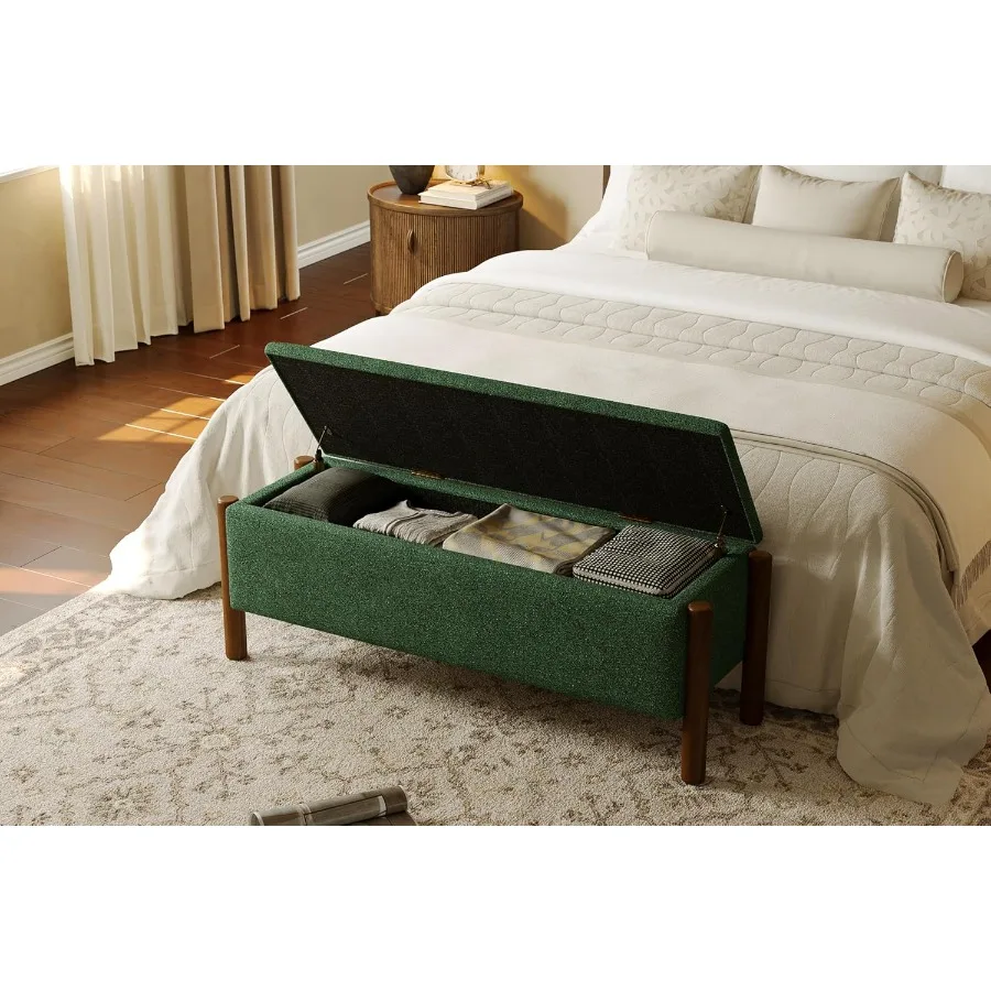 Modern Storage Benches with Walnut Wood Legs 47'' Ottoman Bench with 20 Gallons Storage Space for Bedroom End of Bed Fabric Uph
