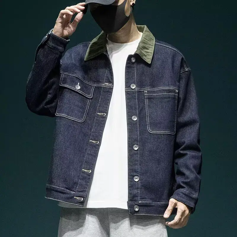 جاكيت دينيم أمريكي عتيق ثقيل الوزن للرجال، فضفاض بمقاسات كبيرة، بألوان متباينة، مناسب للربيع والخريف #3