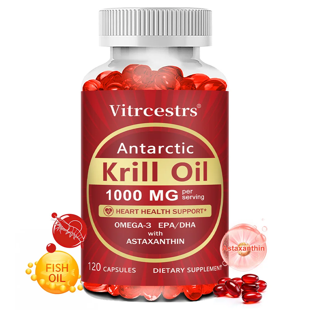 Antarctic Krill Oil 1000mg Capsules with Omega-3 EPA DHA & Astaxanthin, Joint Skin Brain Immune & Cardiovascular Support,Non-GMO