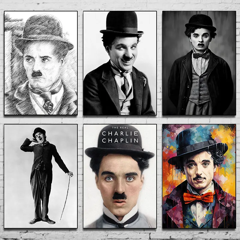 Sir Charlie Chaplin Vintage Poster A Man With A Mustache Wearing Hat And Bow Tie Classic Cinema Canvas Painting Room Home Decor