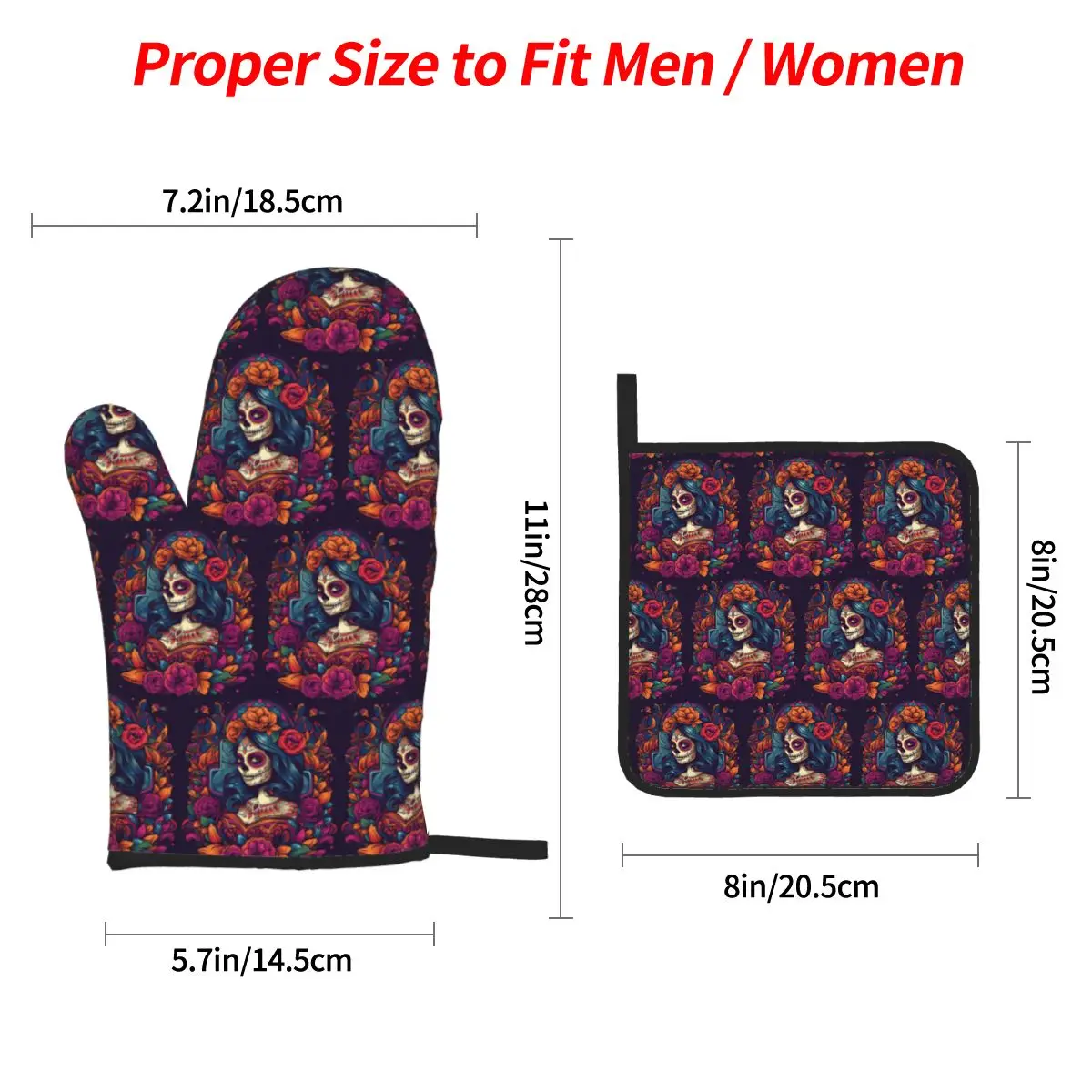 Mexican Catrina Girl Day Of The Dead Sugar Skull Oven Mitts and Pot Holder for Baking Cooking Resistant Non-Slip Gloves