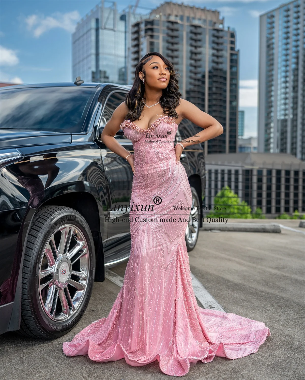 高級ラインストーンクリスタルプロムドレス ノースリーブ カスタムメイド アソエビ マーメイドイブニングパーティガウン エレガントレースロングローブドソワレ