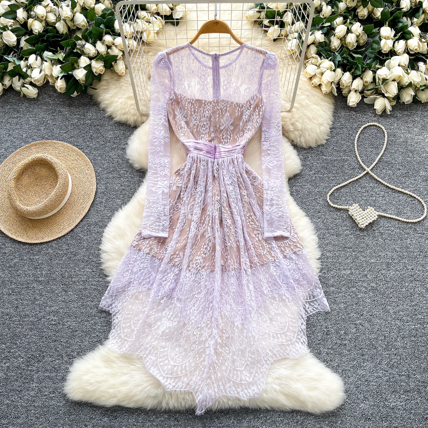 エレガントなヴィンテージ風長袖アシンメトリーレースフェアリーコアドレス、イブニング、ハイストリート、秋服、セレモニードレス