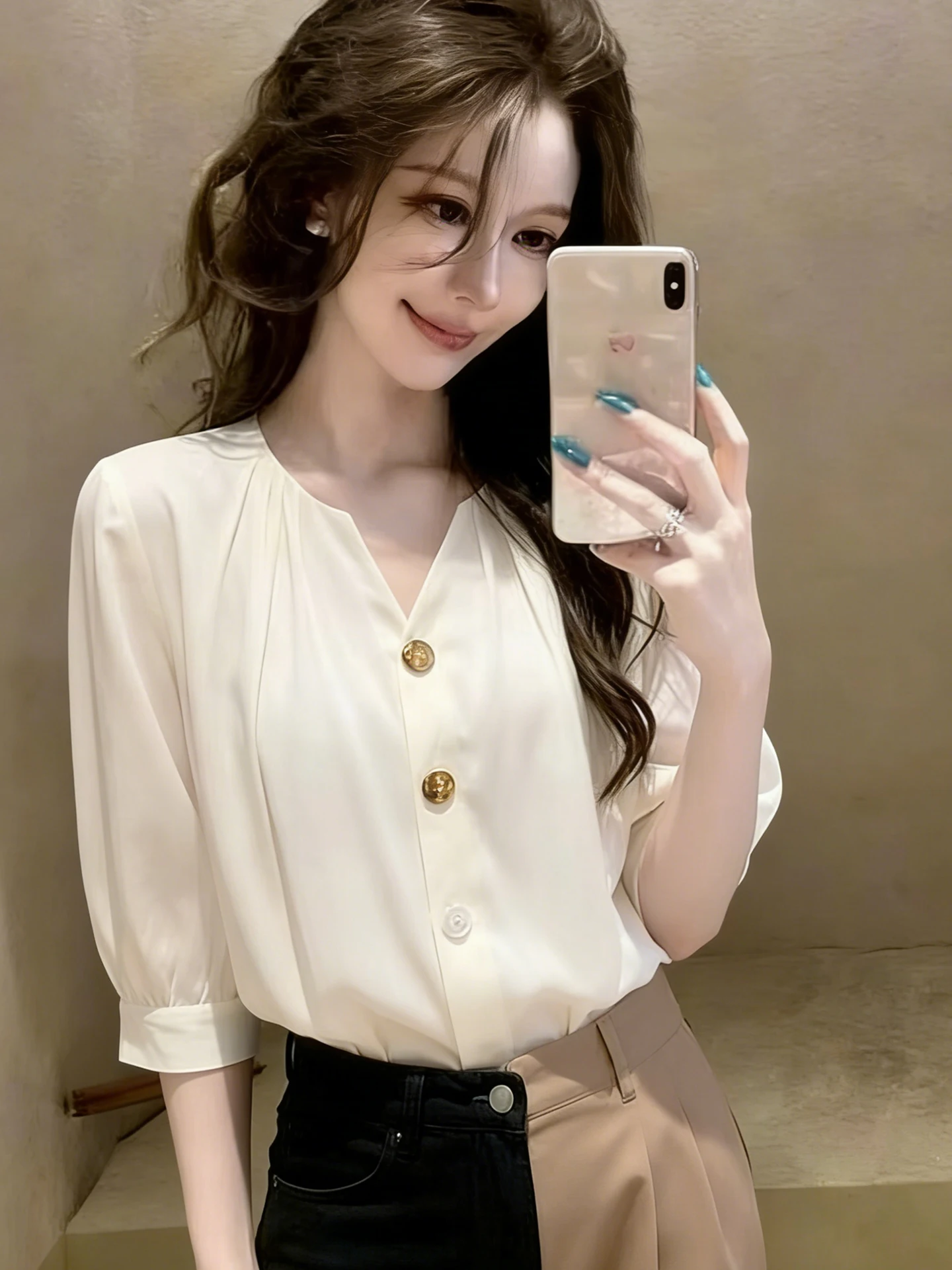 

Elegant V-Neck Single-Button Chiffon Shirt Comfortable Simple Fashionable Spring Summer Slimming Small Shirt Commute Style