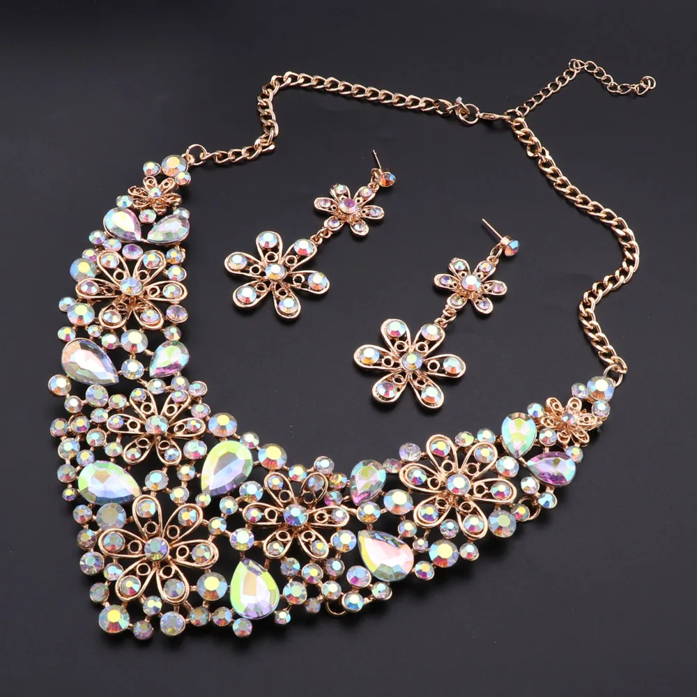 موضة AB اللون كريستال طقم مجوهرات الزفاف قلادة طقم أقراط حفل زفاف مجوهرات زي مجوهرات زينة بالجملة #2