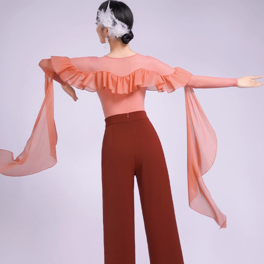 Haut de pratique de danse moderne pour salle de bal, Roland violet, manches longues, ruban élégant noir, ruban à volants, haut de valse, nouvelle collection