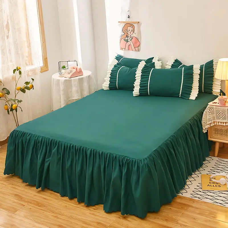 1pc Bed Skirt With Elastic Solid Single/Queen/King Size Bed Sheet Ruffles Mattress Cover Skirt Bedspreads With 2 Pillow Case