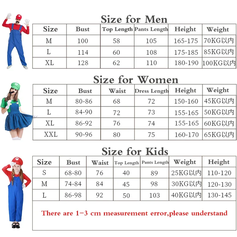 Anime Super Brothers cospaly costume Hats Luigi Plumber Cosplay  Women Girls Halloween Party Fancy Dress Parent-child Adult Kids
