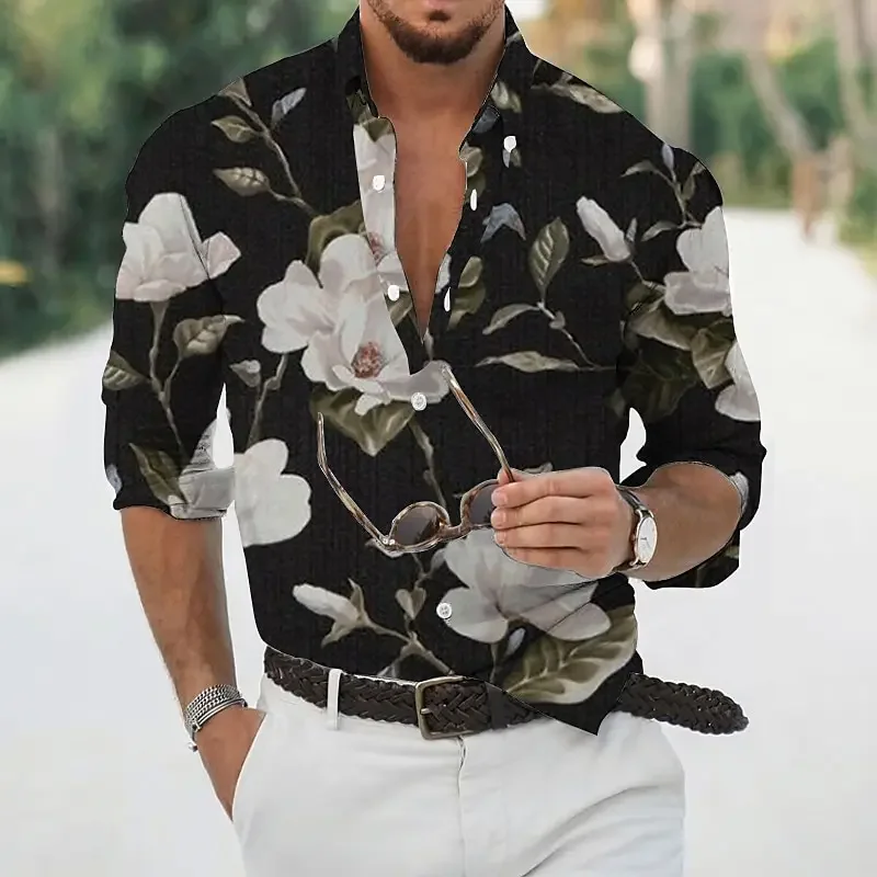 Camisa com estampa floral em folhas 3D havaiana masculina, camisa de manga comprida, lapela de botão, roupa confortável, tops casuais, nova, primavera e outono