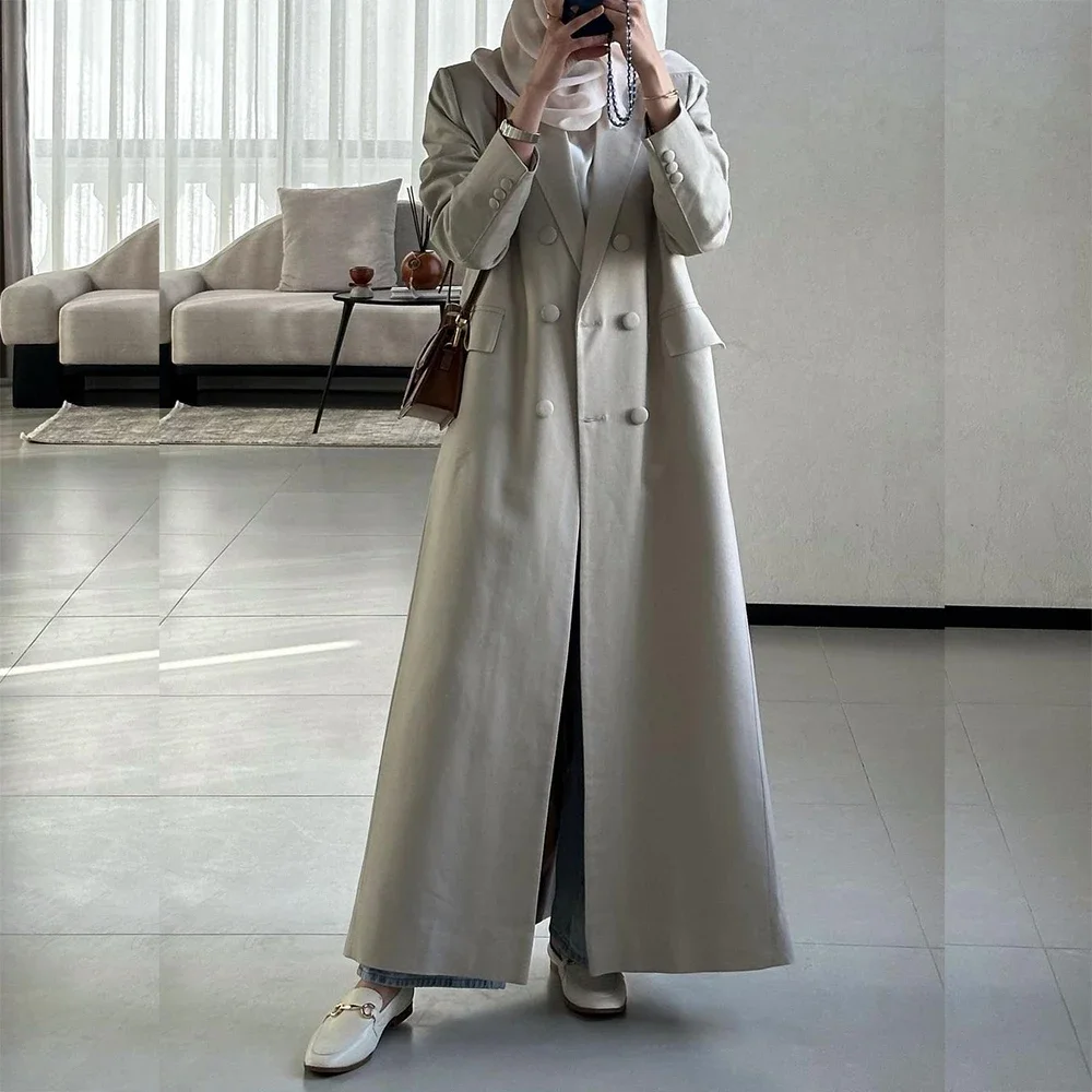 Zweireihige graue lange Damenbekleidung, spitzes Revers, flache Vorderseite, weibliche Kleider, elegante Blazer-Anzüge, 1-teilige Abayas