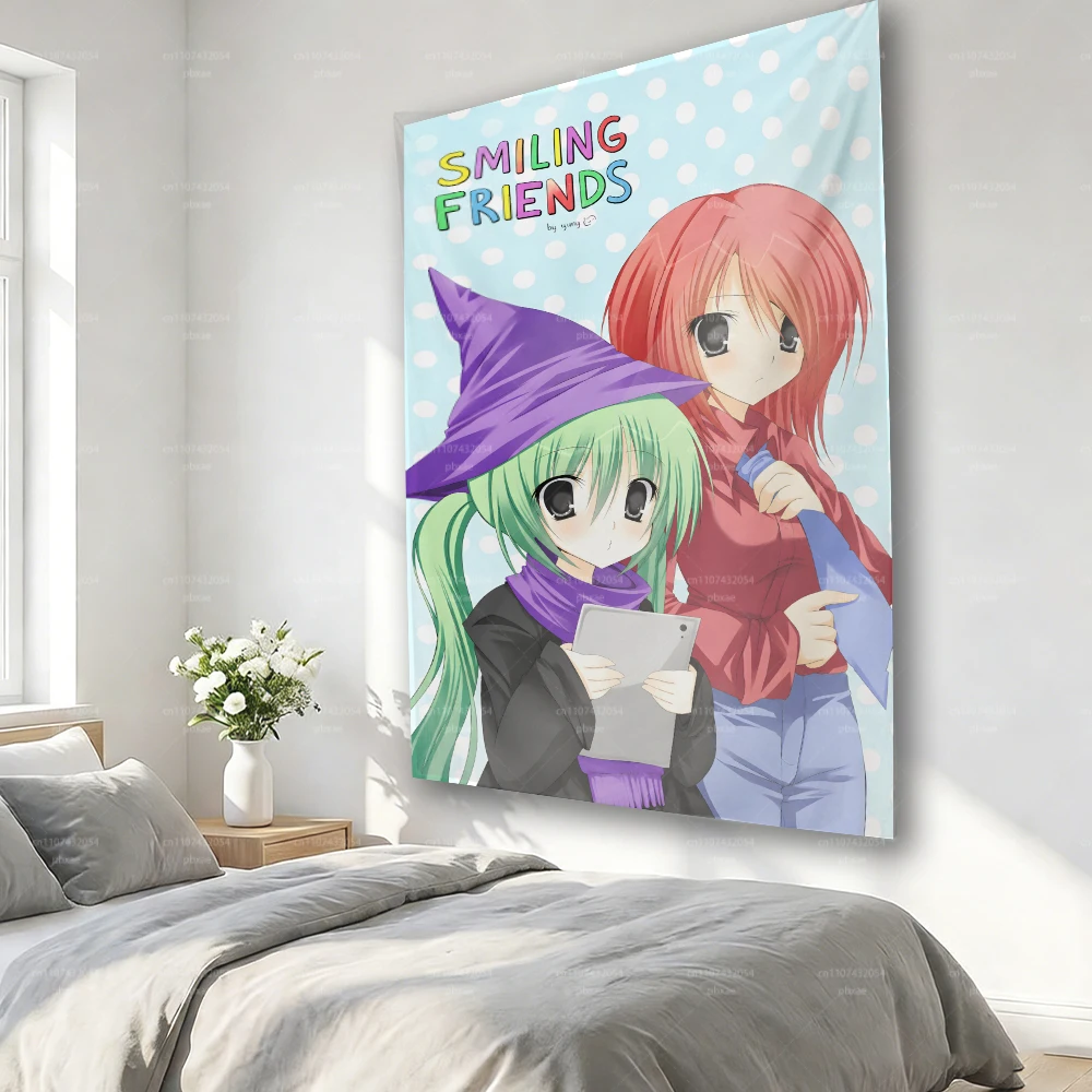 Smiling Friends Tapestry Glep Alan Anime Character Wall Hanging Polka Dot Background Kawaii Room Decor Bedroom Wall Cloth Poster