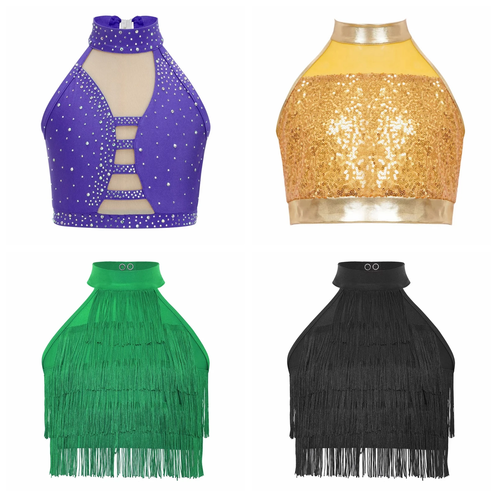 Children's Fringe Crop Top Sleeveless Strappy Back Tiered Tassels Vest Dancewear Kids Girls Salsa Chacha Latin Dance Costume
