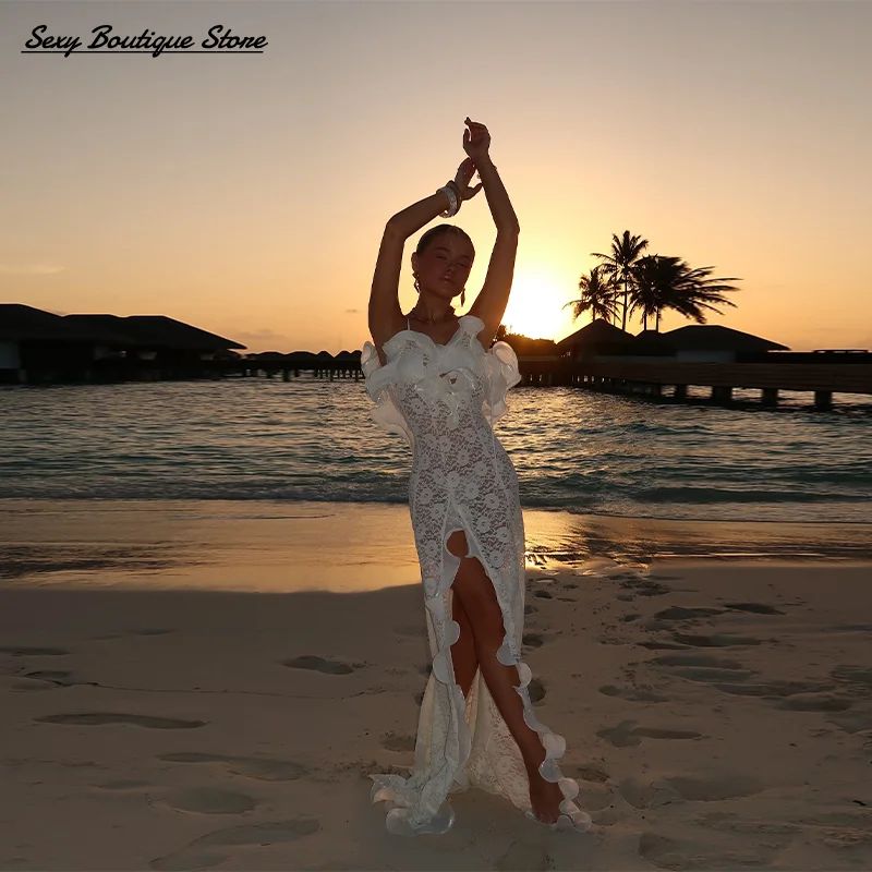 Vestido largo elegante de punto con volantes y hombros descubiertos, Vestidos largos de fiesta con dobladillo lateral, Vestidos de Club con horquilla alta, Vestidos de mujer 2025