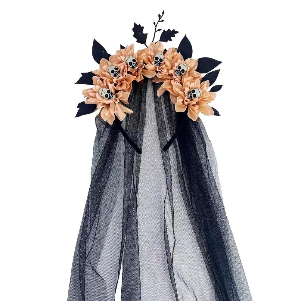 Halloween Zombie Bride Veil Headband Dark Bride Black Tulle Bride Veil Flower Mesh Veil Cosplay Headband Gothic Cosplay