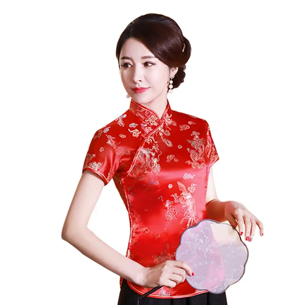 Women Blouse Shirt Chinese Traditional Cheongsam Qipao Dragon/Phoenix Cheongsam Embroidery Short Sleeve Women Shirt Top Oversize