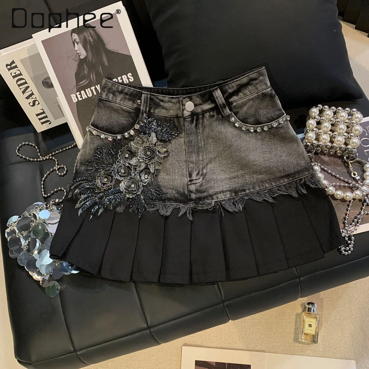 

Spring New European-style Korean Chic Heavy-duty Beaded Rhinestone Floral Embroidered Denim Skirt High-waist Slim Pleated Skirts