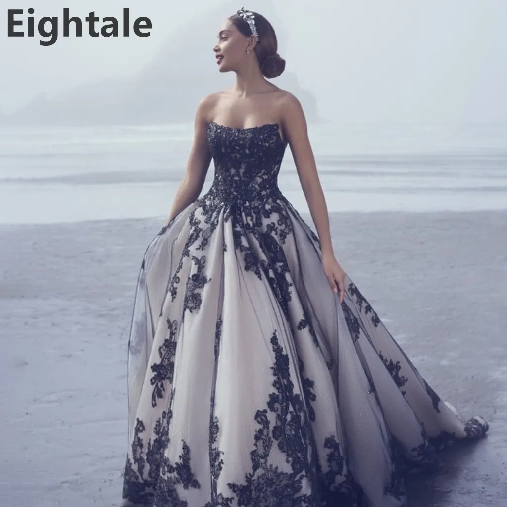

Eightale, черно-белые свадебные платья без бретелек со шлейфом, свадебные платья 2025 года, кружевное платье с аппликацией, Robe De Mariage по индивидуальному заказу
