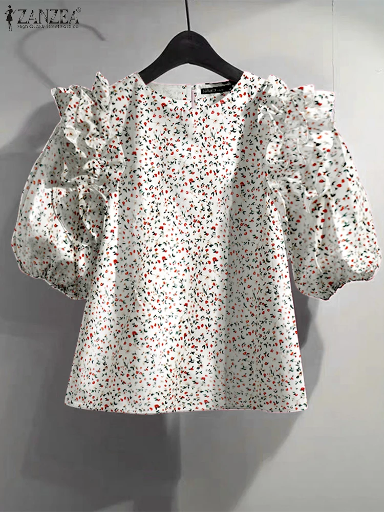 ZANZEA 2025 Bohemian Blouse Women Vintage Floral Printed Tunic Tops Summer Short Sleeve Ruffled Shirts Casual Loose Lady Blusas