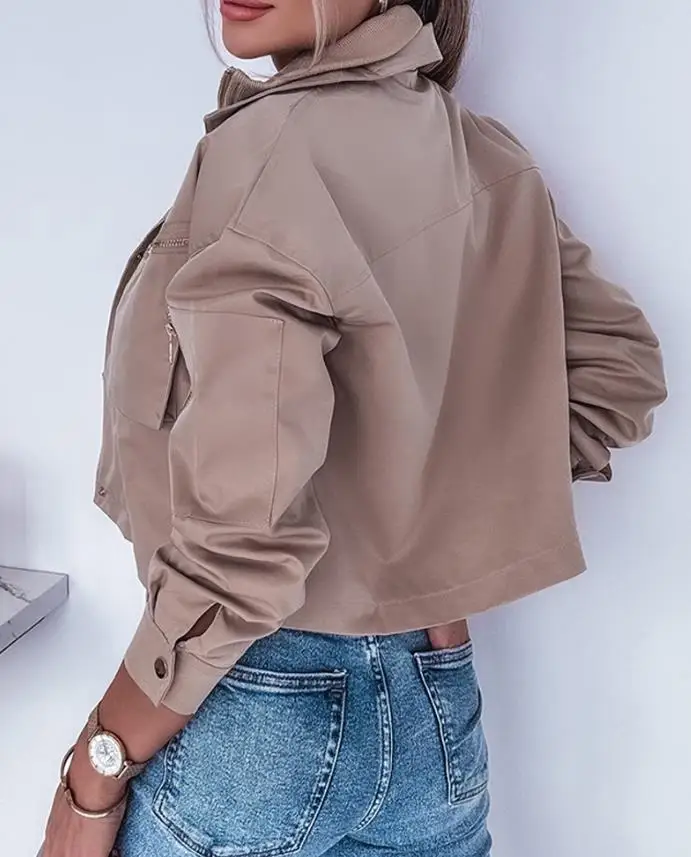 Women's Jacket 2025 Spring Autumn New Cargo Pockets Button Front Crop Jacket Casual Turn-Down Collar Long Sleeve Windproof Coat