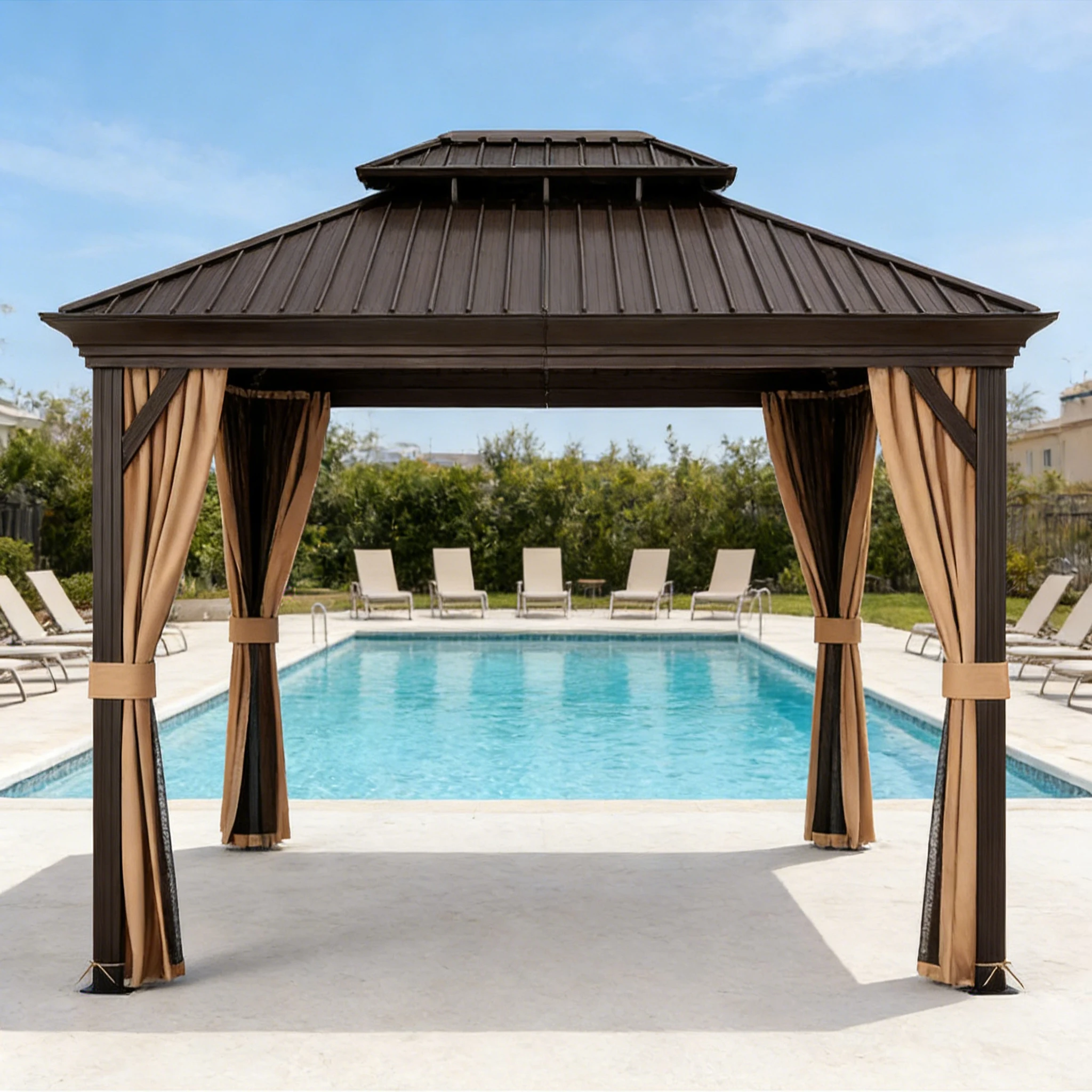 Modern Hardtop Gazebo with Color Steel Plate Double Roof for Balcony Swimming Pool Patio Park Terrace Outdoor Living
