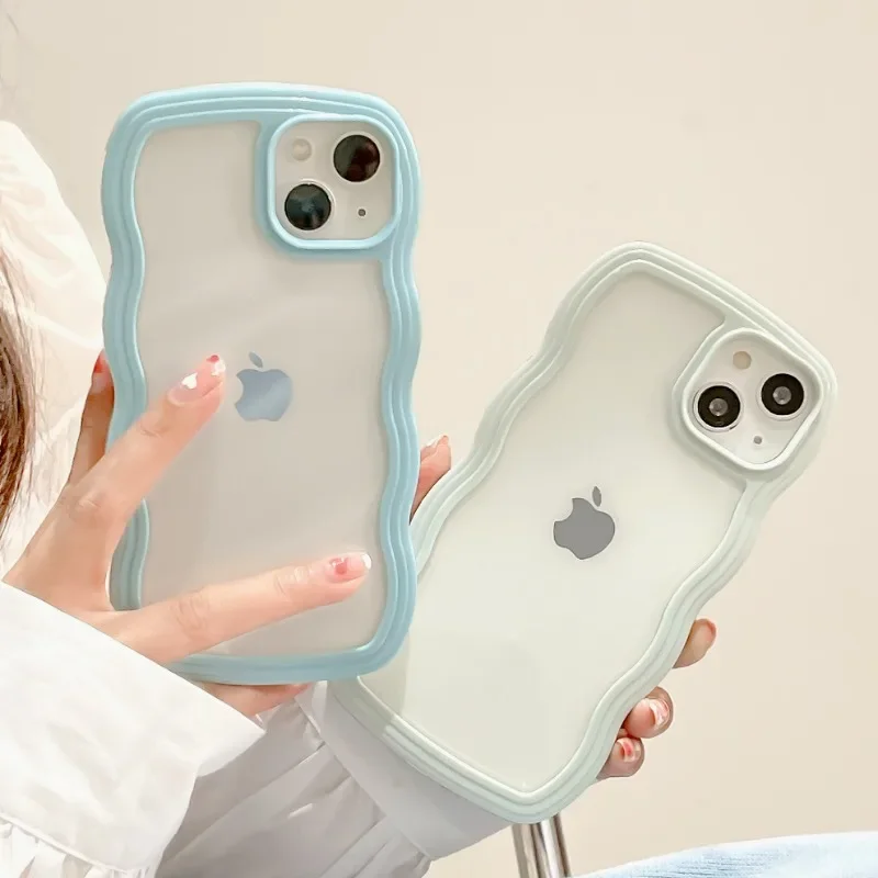 Fashion Transparent Curly Wave Case For iPhone 16 11 12 13 14 15 Pro Max 7 8 Plus XR XS Shockproof Bumper Cover Capa Aesthetic