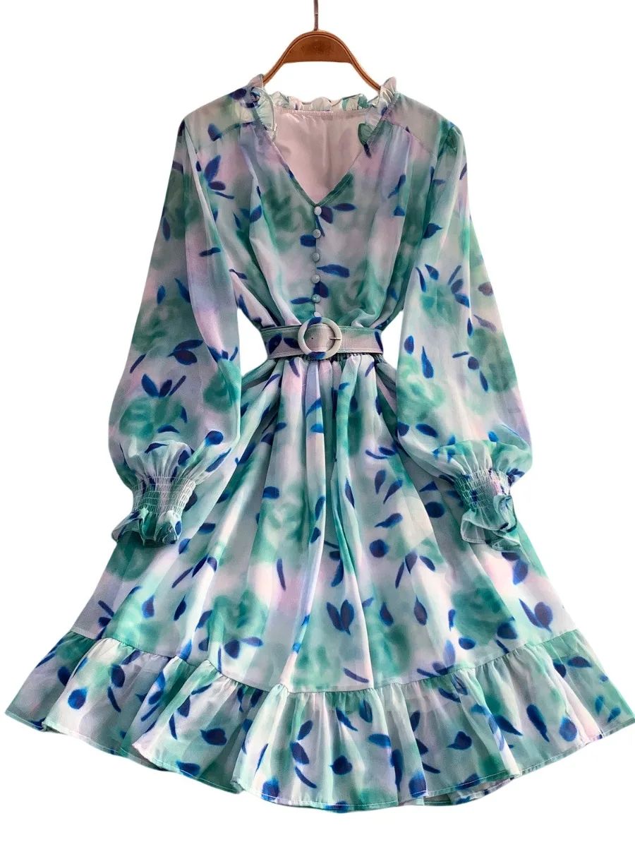 Foamlina 女性 V ネック花柄シフォンドレス長袖ネクタイウエストフリル裾スリムフレンチスタイルスリムフィット秋の摩耗
