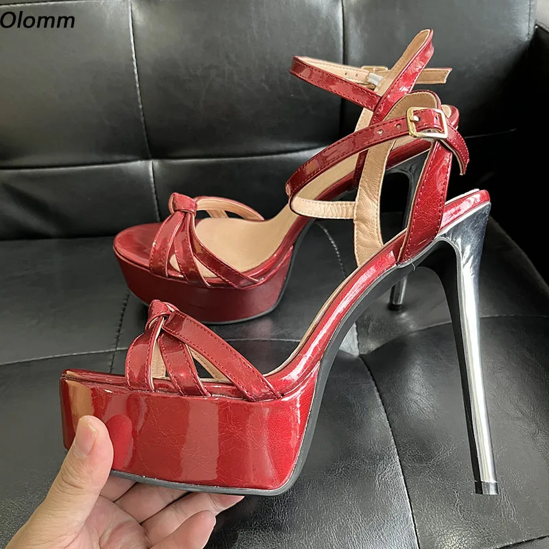 Olomm Handmade Women Platform Sandals Sexy Stiletto High Heels Open Toe Pretty Crack Red Party Shoes Ladies US Plus Size 5-20