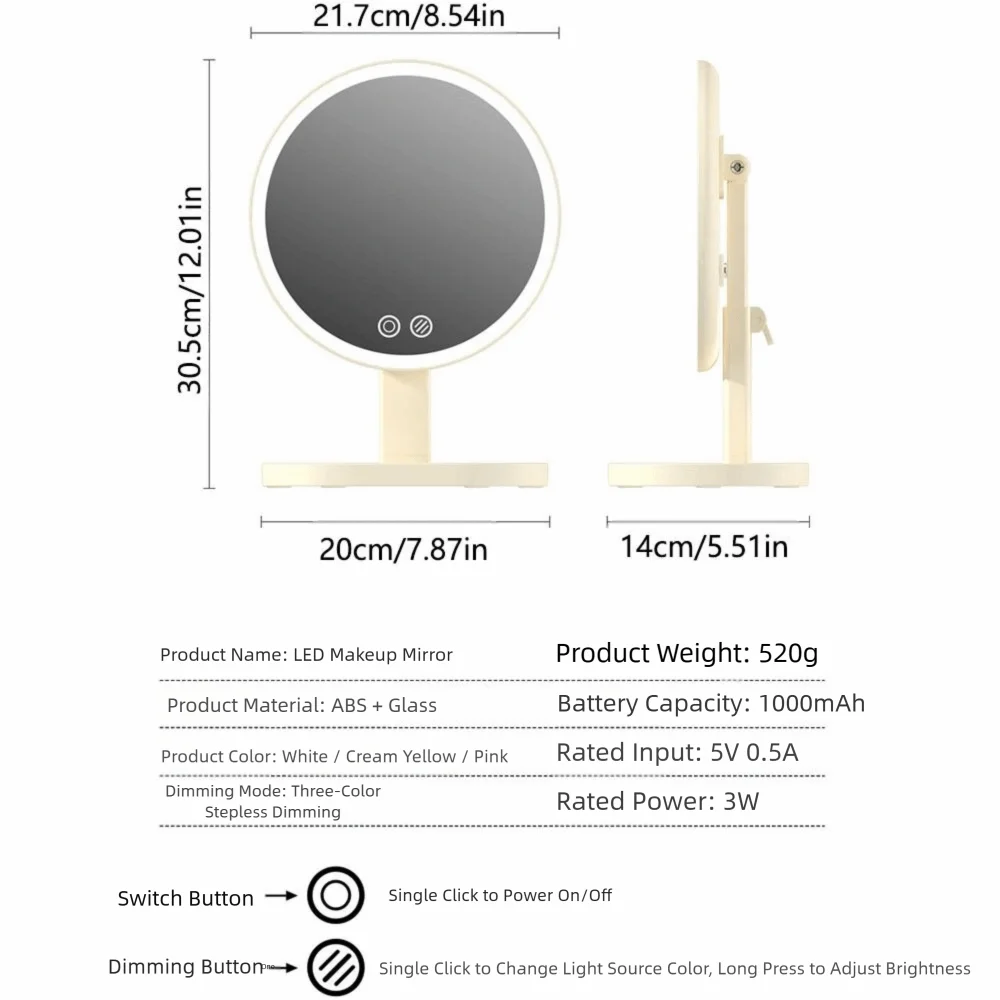 Removable Makeup Mirror with LED Light Rotatable Stepless Dimming Adjustable Desktop Mirror with Storage Base Touch Control