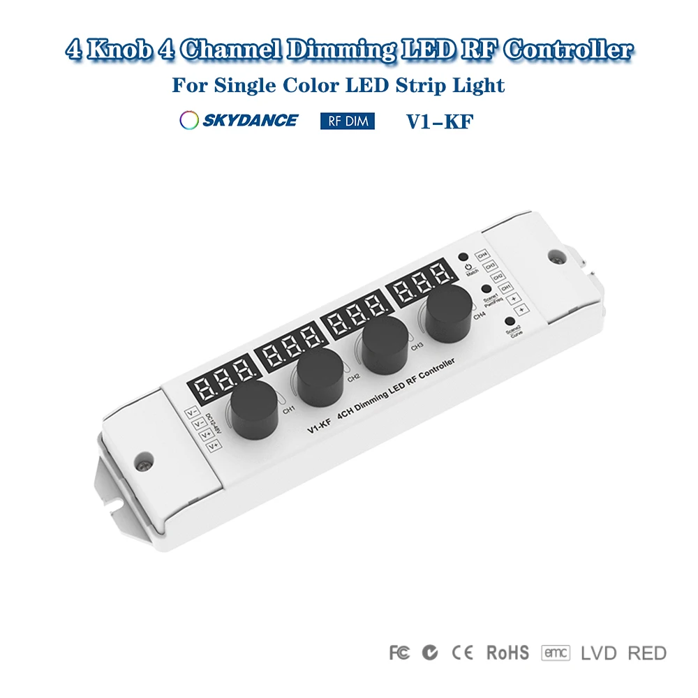 

Skydance V1-KF DC12-48V 4Knob+Key+2.4GHzRF 4 Channel 4A/CH PWM LED Dimmer Switch Controller For Single Color LED Strip Light