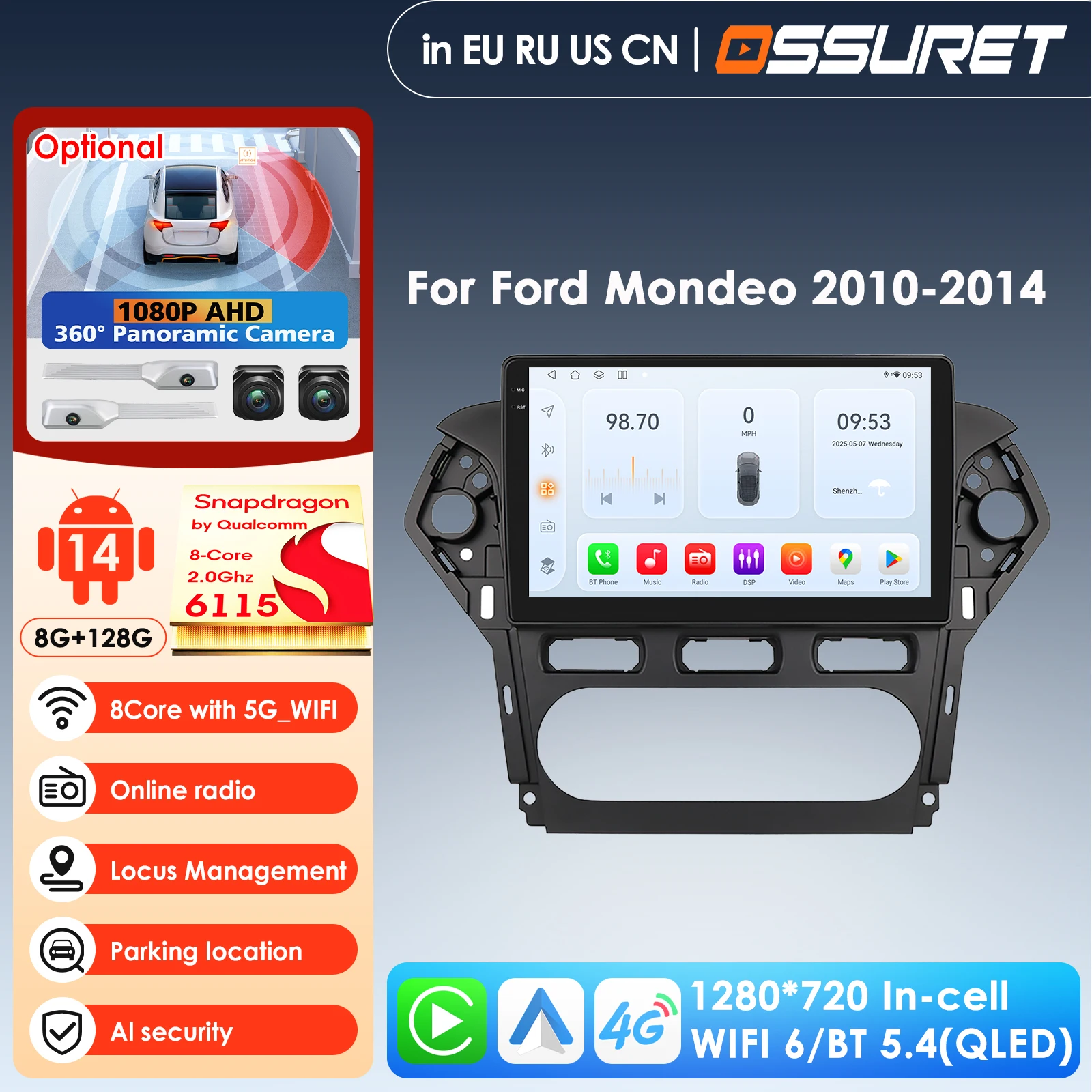 

9inch by Qualcomm Snapdragon 4G LTE CarPlay Android Car Multimedia Player for Ford Mondeo 2010-2014 GPS Stereo Head