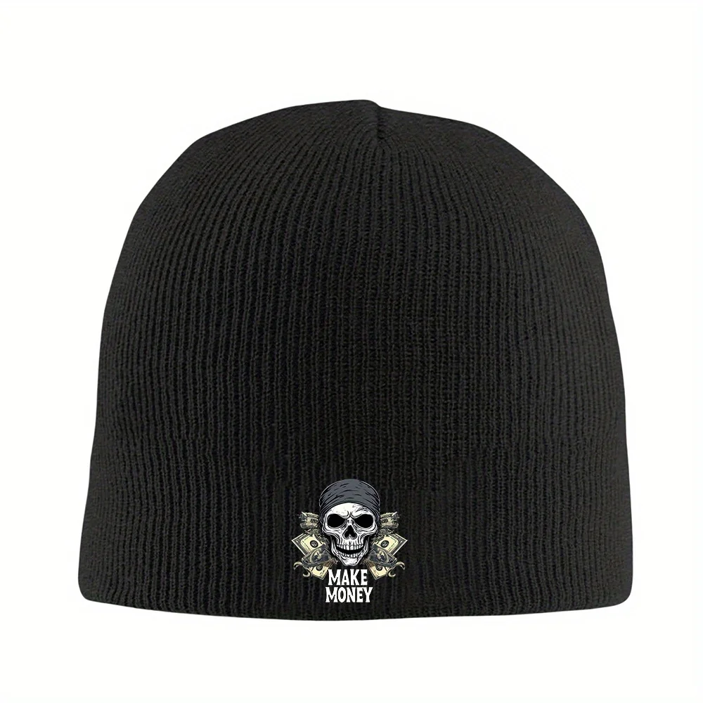 1pc Skull Crossbones Graphic Beanie Hat Windproof Warm Acrylic Blend Knit Ski Cap for Men Women Black Print One Size