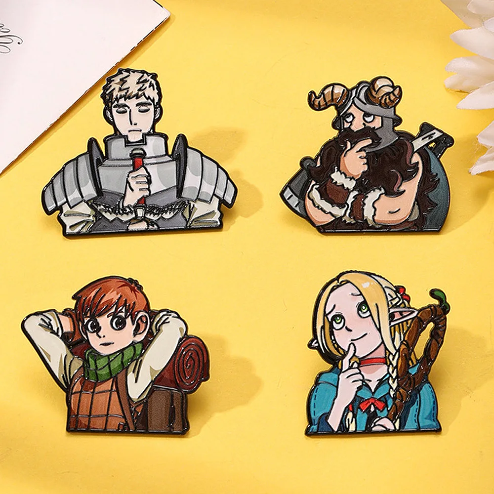 4pcs Delicious in Dungeon Enamel Pins Set Marcille Laios Chilchuck Senshi Anime Brooches Fashion Pins For Fans Collectors Gift