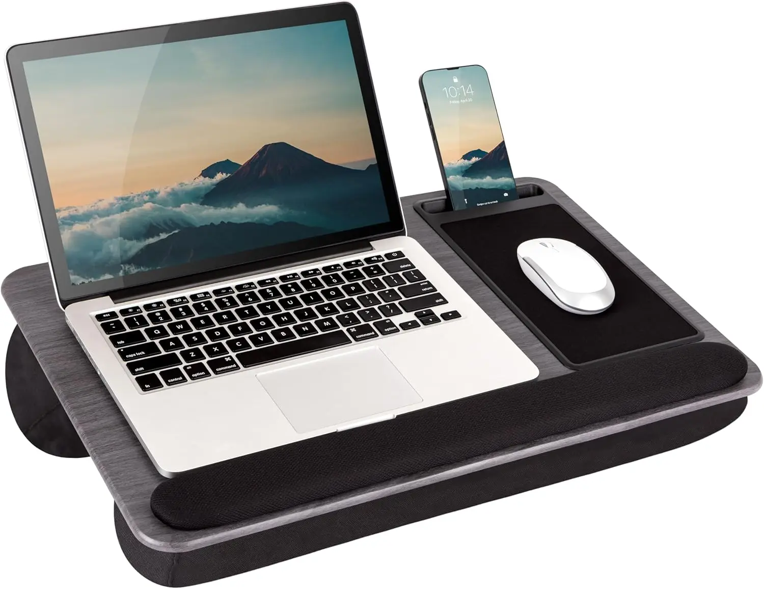 Lap Desk with Wrist Rest, Mouse Pad, and Phone Holder - Gray Woodgrain - Fits up to 15.6 Inch Laptops