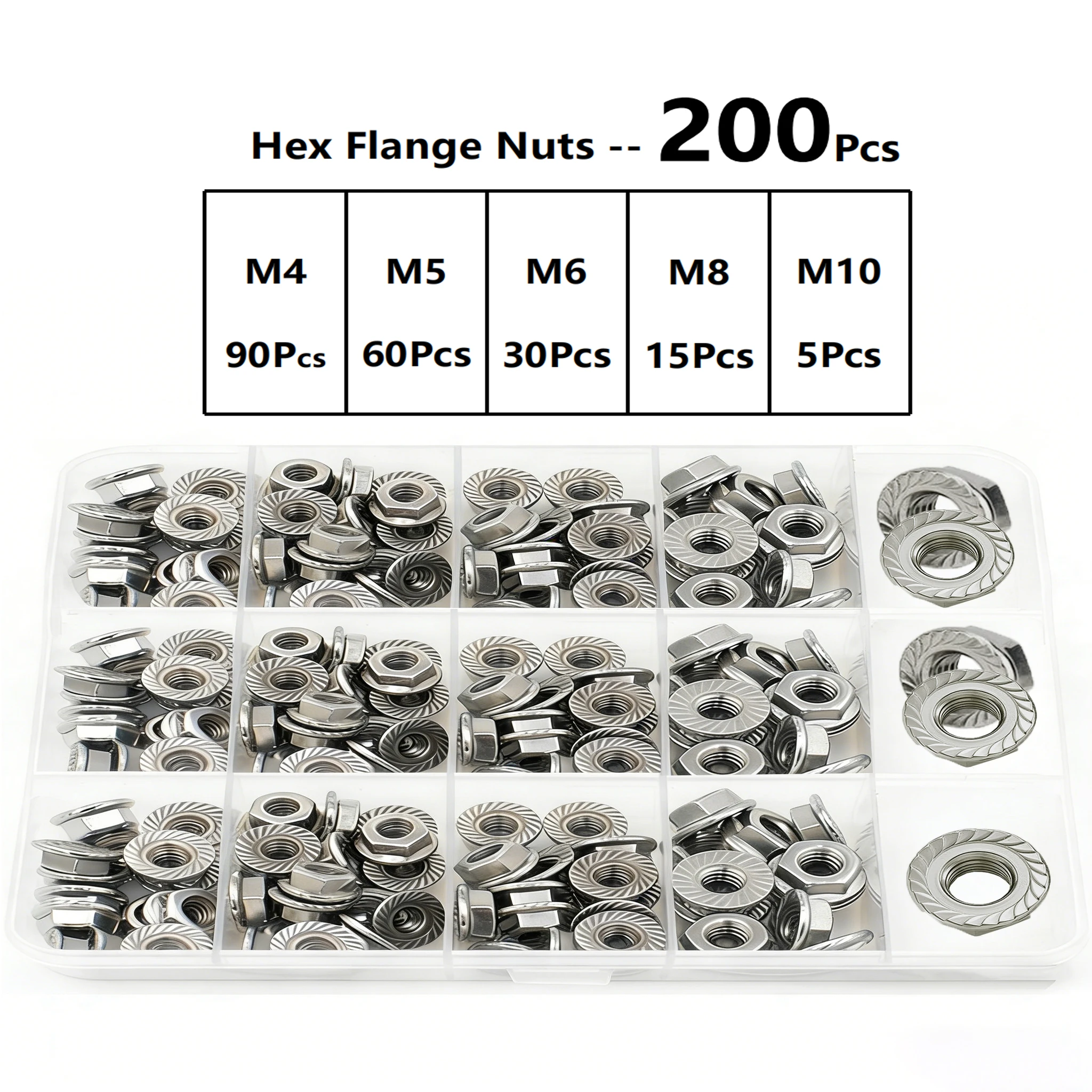 Image of 155/200-teiliges Sechskant-Flansch-Sicherungsmuttern-Set der Güteklasse 4,8 – M3-M10, verzinkt, korrosionspoliert, für Heimwerker, Reparaturen, in Aufbewahrungsbox
