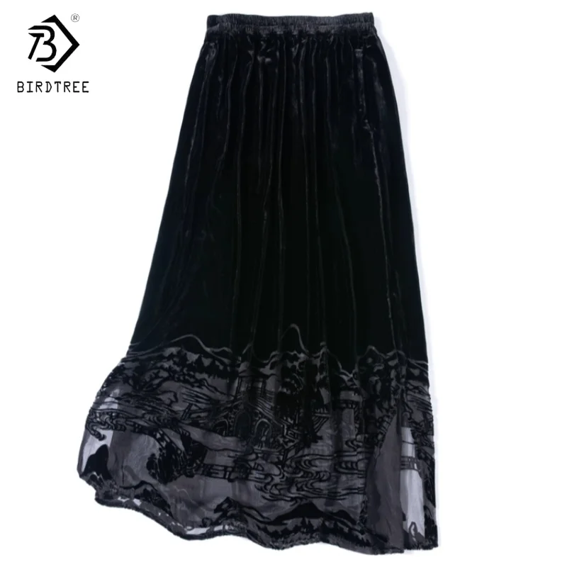 

Birdtree,100% Mulberry Silk Velvet Skirt,Women Elastic Waist Skirts,With Pocket,Side Slit,2025 New Autumn Skirt,Black D5N707JF