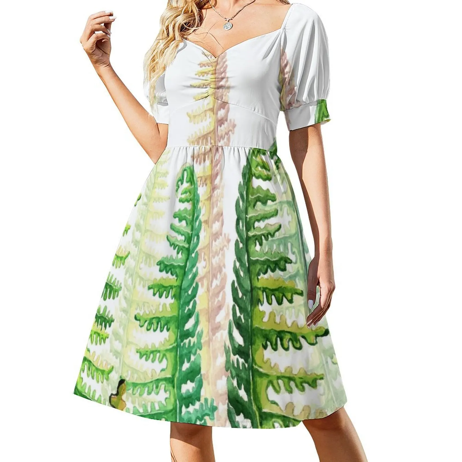 فستان Green Ferns للسيدات هيب هوب ملابس الشارع مطبوع عليه رسومات جرافيكية للحفلات والنوادي بألوان مائية طبيعية لفستانها الأخضر