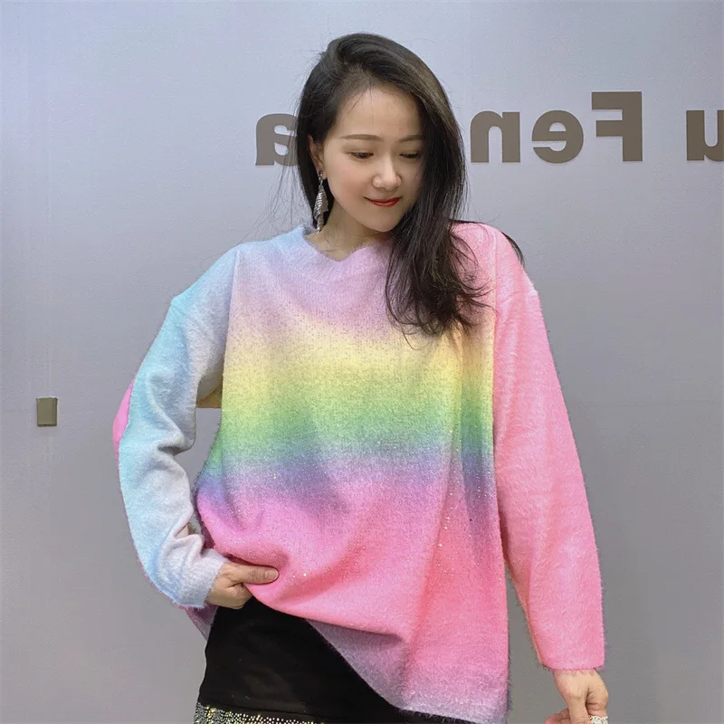 Women Diamond T-shirt Knitwear Pullover Top Female Long Sleeved Round Neck Rainbow Sweater Hot Diamond Knit Sweater