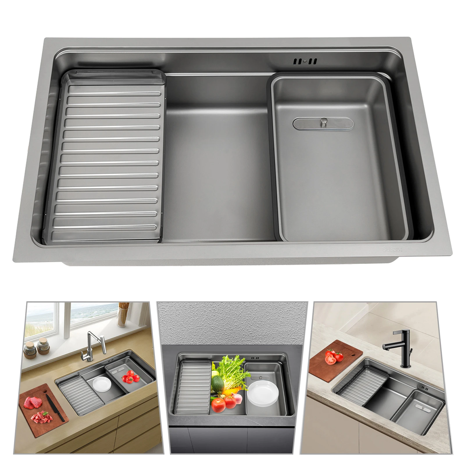 

690*430 Kitchen Sink 304 Stainless Steel Large Single Bowl Sink Movable Drain Board & Bowl Cover, Large Capacity for Washing Dis
